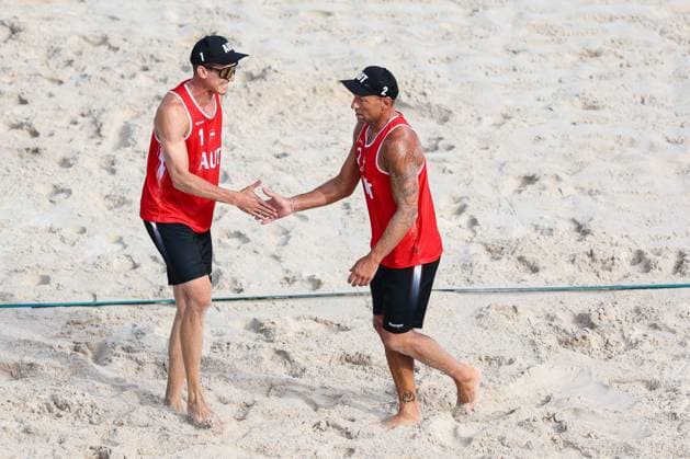 OLYMPICS - Olympic Summer Games 2024 PARIS,FRANCE,31.JUL.24 - OLYMPICS, Beach volleyball, Beachvolleyball - Olympic Summer Games Paris 2024, preliminary phase, men. Image shows the rejoicing of Julian Hoerl and Alexander Horst (AUT).  GEPAxpictures xArminxRauthner