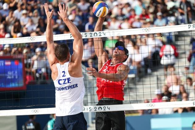 OLYMPICS - Olympic Summer Games 2024 PARIS,FRANCE,31.JUL.24 - OLYMPICS, Beach volleyball, Beachvolleyball - Olympic Summer Games Paris 2024, preliminary phase, men. Image shows David Scheiner (CZE) and Alexander Horst (AUT).  GEPAxpictures xArminxRauthner