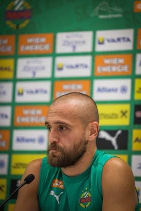 SOCCER - UEFA EL, Rapid vs Krakow VIENNA,AUSTRIA,31.JUL.24 - SOCCER - UEFA Europa League, qualification, SK Rapid Wien vs Wisla Krakow, preview, press conference, PK, Pressekonferenz Rapid. Image shows Lukas Grgic (Rapid).  GEPAxpictures xDavidxBitzan
