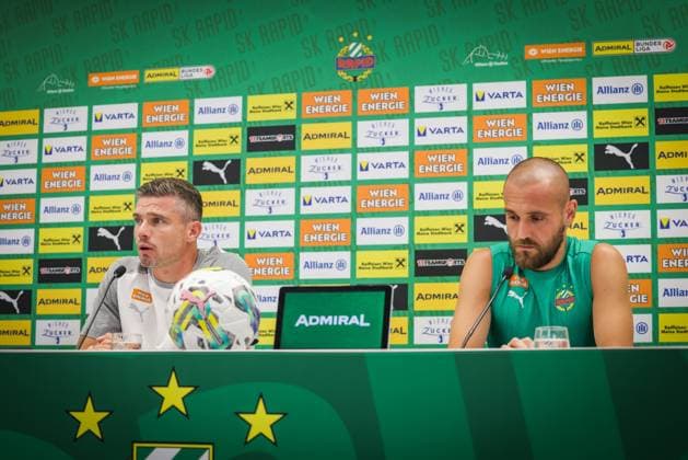 SOCCER - UEFA EL, Rapid vs Krakow VIENNA,AUSTRIA,31.JUL.24 - SOCCER - UEFA Europa League, qualification, SK Rapid Wien vs Wisla Krakow, preview, press conference, PK, Pressekonferenz Rapid. Image shows head coach Robert Klauss and Lukas Grgic (Rapid).  GEPAxpictures xDavidxBitzan