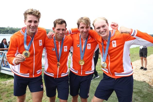 Sport Themen der Woche KW31 Sport Bilder des Tages PARIS, 31-07-2024, Paris 2024 Olympic Games, Olympische Spiele, Olympia, OS Stade Nautique in Vaires-sur-Marne, rowing, quadruple sculls men final. Finn Florijn, Koen Metsemaker, Lennart van Lierop en Tone Wieten Gold medal. France: Olympic Games - rowing, quadruple sculls men (Paris 2024  x25893990x Copyright: