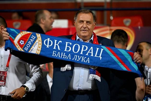 Fußball, CL-Quali, Borac Banja Luka - PAOK Saloniki Banja Luka, Bosnia and Herzegovina, 31th 2024: Milorad Dodik President of Republic Srpska before the UEFA Champions League 2nd qualifying round, 2nd leg football match between Borac Banja Luka (Bosnia and Herzegovina) and PAOK Thessaloniki (Greece) at Gradski Stadion Banja Luka, Banja Luka, BiH. (Igor Kupljenik SPP) Copyright: xIgorxKupljenikx xSPPx spp-en-IgKuSp-IK0_1885