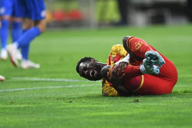 Fußball, CL-Quali, Jagiellonia Bialystok - FK Panevezys 2024.07.31 Bialystok Pilka nozna, UEFA Liga Mistrzow, sezon 2024 2025 Jagiellonia Bialystok (zolto-czerwone) - FK Panevezys N z faulowany Afimico Pululu Foto Michal Kosc PressFocus 2024.07.31 Bialystok Football, UEFA Champions League, 2024 25 season Jagiellonia Bialystok (red-yellow) - FK Panevezys Credit: Michal Kosc PressFocus NEWSPIX.PL --- Newspix.pl  20240731PF_MK20240731_01164