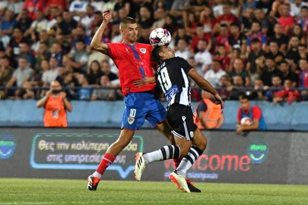 Fußball, CL-Quali, Borac Banja Luka - PAOK Saloniki Banja Luka, Bosnia and Herzegovina, 31th 2024: David Vukovic of Borac Banja Luka in action against Jonny of PAOK during the UEFA Champions League 2nd qualifying round, 2nd leg football match between Borac Banja Luka (Bosnia and Herzegovina) and PAOK Thessaloniki (Greece) at Gradski Stadion Banja Luka, Banja Luka, BiH. (Natasa Kupljenik SPP) Copyright: xNatasaxKupljenikx xSPPx spp-en-NaKuSp-NNP_4495