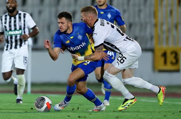 (240801) -- BELGRADE, Aug. 1, 2024 -- Dynamo Kyiv s Nazar Voloshyn (front, L) vies with Partizan s Aleksandar Filipovic during UEFA Champions League second qualifying round football match between Partizan and Dynamo Kyiv in Belgrade, Serbia, on July 31, 2024. (Photo by Xinhua) (SP)SERBIA-BELGRADE-FOOTBALL-UEFA-QUALIFIER-PARTIZAN VS DYNAMO KYIV PredragxMilosavljevic 