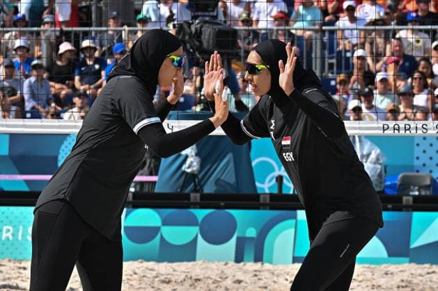 Paris 2024 - Women’s Beach volleyball, Beachvolleyball Spain v Egypt Marwa D.Elghobashy of team Egypt during the Women s beach volleyball between Spain and Egypt during the Olympic Games, Olympische Spiele, Olympia, OS Paris 2024 at Eiffel Tower Stadium on August 1, 2024 in Paris, France. Photo by Laurent Zabulon ABACAPRESS.COM  Copyright: xZabulonxLaurent ABACAx