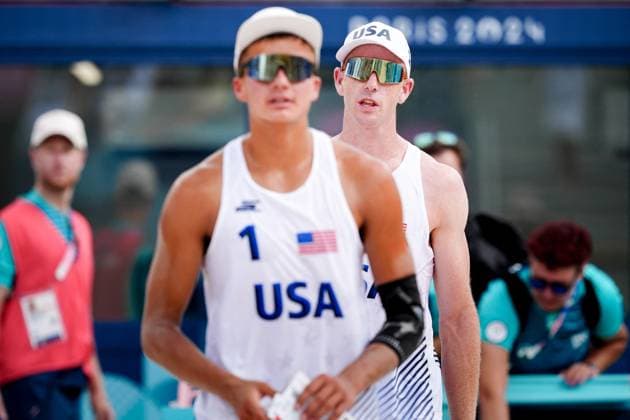 Paris 2024 - Men’s Beach Volley Miles Partain and Andrew Benesh of USA during the Paris 2024 Olympic Games, Olympische Spiele, Olympia, OS at the Eiffel Tower Stadium, in Paris, France on August 1, 2024. Photo by Julien Poupart ABACAPRESS.COM Paris France  Copyright: xPoupartxJulien ABACAx