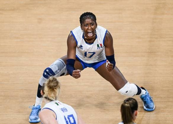 (240801) -- PARIS, Aug. 1, 2024 -- Myriam Fatime Sylla of Italy celebrates scoring during the women s volleyball preliminary round pool C match between Italy and the Netherlands at the Paris 2024 Olympic Games, Olympische Spiele, Olympia, OS in Paris, France, July 30, 2024. ) (PARIS2024) FRANCE-PARIS-OLY-VOLLEYBALL LiuxDawei 