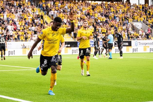 240801 Michael Baidoo of Elfsborg celebrates after the 2-0 goal during the UEFA Europa League qualification match between Elfsborg and Sheriff Tiraspol on August 1, 2024 in Boras. Photo: Jörgen Jarnberger BILDBYRAN COP 112 JJ0383 fotboll football soccer fotball uefa europa league kval qualifying round qualification elfsborg sheriff tiraspol bbeng Copyright: JÖRGENxJARNBERGER BB240801JJ044