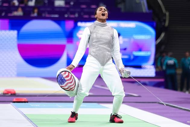 Sport Themen der Woche KW31 Sport Bilder des Tages PARIS, FRANCE - AUGUST 01: Lauren Scruggs of USA reacts after defeating Team Canada during the Paris 2024 Olympic Games, Olympische Spiele, Olympia, OS Fencing Womens Foil Team Semi Final between USA and Canada at the Grand Palais on August 01, 2024 in Paris, France. (Photo by Pete Dovgan Speed Media Icon Sportswire) OLYMPICS: AUG 01 Paris 2024 EDITORIAL USE ONLY Icon2408010211