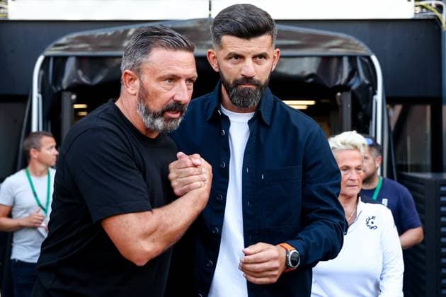 Cercle Brugge v Kilmarnock FC - UEFA Europa League BRUGGE, BELGIUM - AUGUST 01 : McInnes Derek head coach of Kilmarnock FC and Muslic Miron head coach of Cercle Brugge ahead of the UEFA Europa League Second qualifying round, 2nd leg match between Cercle Brugge and Kilmarnock F.C. at the Jan Breydel stadium on August 01, 2024 in Brugge, Belgium, 01 08 2024 Brugge Belgium  Copyright: xTomasxSiskx