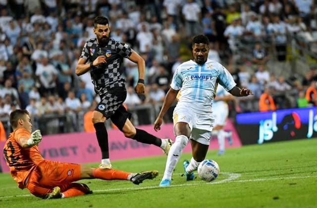 Sport Bilder des Tages Croatia, Rijeka, 010824. Stadium Rujevica. Return match of the 2nd preliminary round of the UEFA European League HNK Rijeka - FC Corvinul Hunedoara. In the photo: Stefan Lefter, Jorge Obregon. Photo: Damir Skomrlj CROPIX Copyright: xxDamirxSkomrljx rijeka_corvinul26-010824