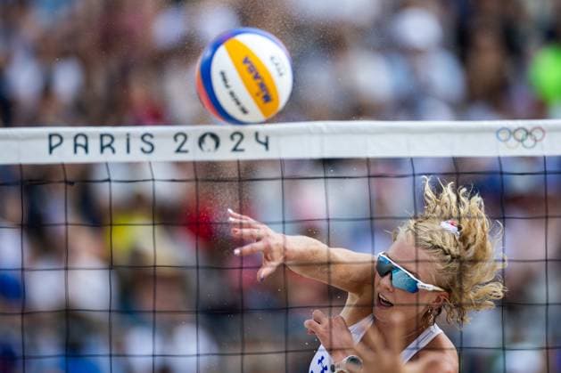 Barbora Hermannova (not seen) and Marie-Sara Stochlova (photo) of Czech Republic in action during the women s pool C Beach volleyball, Beachvolleyball match against Aline Chamereau and Clemence Vieira of France at the Olympic Games, Olympische Spiele, Olympia, OS in Paris, France, August 2nd, 2024. (CTKxPhoto MichalxCerveny) CTKPhotoF202408020014701  CTKPhotoF202408020014701
