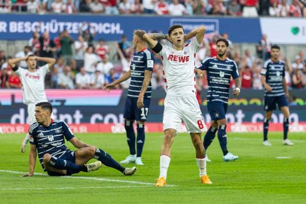 2. Fussball-Bundesliga: 1. FC Köln - Hamburger SV, 02.08.2024 Denis Huseinbasic (1. FC Köln, 8) ärgert sich nach einer vergebenen Chance. 2. Fussball-Bundesliga, 1. FC Köln - Hamburger SV, 1. Spieltag, am 02.08.2024, RheinEnergie-Stadion, Köln DFL regulations prohibit any use of photographs as image sequences and or quasi-video