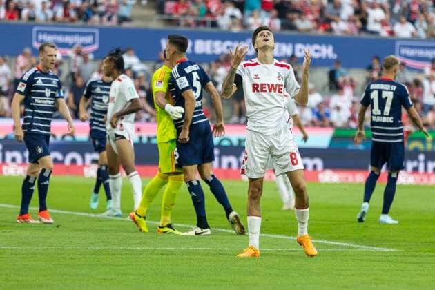 2. Fussball-Bundesliga: 1. FC Köln - Hamburger SV, 02.08.2024 Denis Huseinbasic (1. FC Köln, 8) ärgert sich nach einer vergebenen Chance. 2. Fussball-Bundesliga, 1. FC Köln - Hamburger SV, 1. Spieltag, am 02.08.2024, RheinEnergie-Stadion, Köln DFL regulations prohibit any use of photographs as image sequences and or quasi-video
