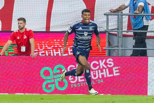 2. Fussball-Bundesliga: 1. FC Köln - Hamburger SV, 02.08.2024 Ransford Königsdörffer (Hamburger SV, 11) jubelt nach seinem Tor. 2. Fussball-Bundesliga, 1. FC Köln - Hamburger SV, 1. Spieltag, am 02.08.2024, RheinEnergie-Stadion, Köln DFL regulations prohibit any use of photographs as image sequences and or quasi-video