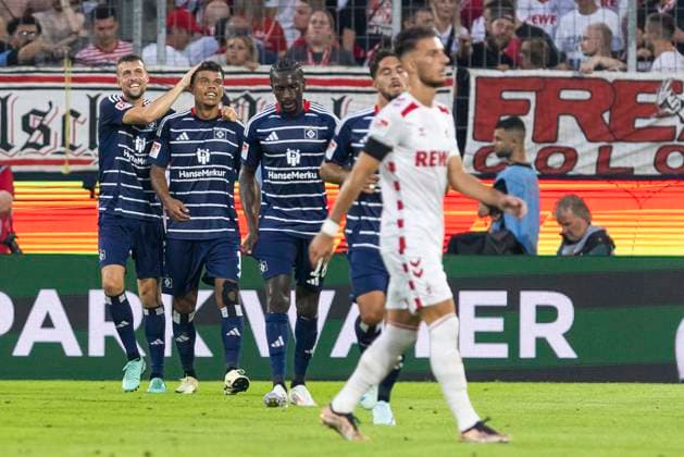 2. Fussball-Bundesliga: 1. FC Köln - Hamburger SV, 02.08.2024 Jubel nach dem Tor zum 0:2 durch Ransford Königsdörffer (Hamburger SV, 11). 2. Fussball-Bundesliga, 1. FC Köln - Hamburger SV, 1. Spieltag, am 02.08.2024, RheinEnergie-Stadion, Köln DFL regulations prohibit any use of photographs as image sequences and or quasi-video
