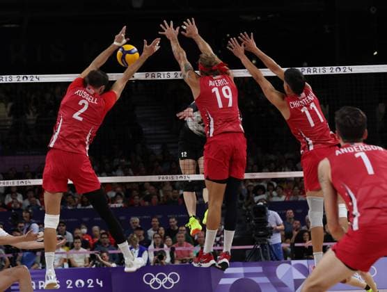 USA in action against Japan in the Preliminary round of the Men s Volleyball at Porte De Versailles on the seventh day of the Paris Olympics on Friday, August 02, 2024.USA won the match 3 sets to one.  OLY202408021048 HUGOxPHILPOTT