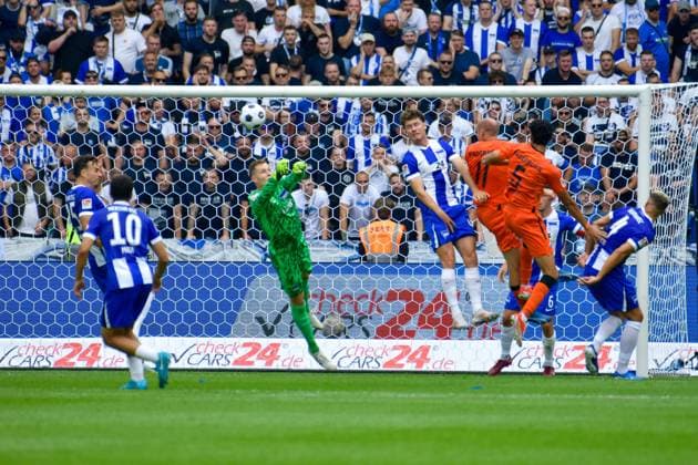 03.08.2024, xlakx, Fussball 2.Bundesliga, Hertha BSC Berlin - SC Paderborn emspor, v.l. Tjark Ernst (Hertha BSC),fliegt am Ball vorbei (DFL DFB REGULATIONS PROHIBIT ANY USE OF PHOTOGRAPHS as IMAGE SEQUENCES and or QUASI-VIDEO) Daniel Lakomski JAN Huebner Berlin