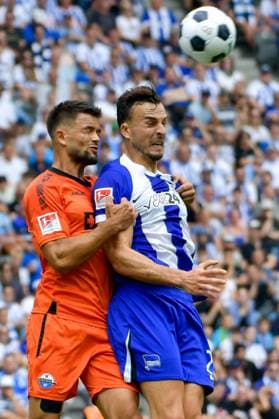 03.08.2024, xlakx, Fussball 2.Bundesliga, Hertha BSC Berlin - SC Paderborn emspor, v.l. Visar Musliu (SC Paderborn 07),Haris Tabakovic (Hertha BSC),Zweikampf, Duell, Kampf, tackle (DFL DFB REGULATIONS PROHIBIT ANY USE OF PHOTOGRAPHS as IMAGE SEQUENCES and or QUASI-VIDEO) Daniel Lakomski JAN Huebner Berlin