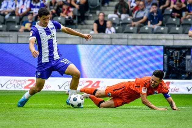 03.08.2024, xlakx, Fussball 2.Bundesliga, Hertha BSC Berlin - SC Paderborn emspor, v.l. Ibrahim Maza (Hertha BSC),Raphael Obermair (SC Paderborn 07),Zweikampf, Duell, Kampf, tackle (DFL DFB REGULATIONS PROHIBIT ANY USE OF PHOTOGRAPHS as IMAGE SEQUENCES and or QUASI-VIDEO) Daniel Lakomski JAN Huebner Berlin