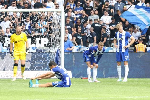 DEU, DFL, 2. FBL, Hertha BSC vs. SC Paderborn 07, 03.08.2024, Berliner Olympiastadion, Berlin, DEU, DFL, 2. FBL, Hertha BSC vs. SC Paderborn 07, im Bild Ibrahim Maza (Hertha BSC Berlin 10), Michael Cuisance (Hertha BSC Berlin 27), Luca Schuler (Hertha BSC Berlin 18), Pelle Boevink (SC Paderborn 1) DFL - regulations prohibit any use of Photographs as image sequences and or quasi-video Foto: Juergen Engler nordphoto GmbH