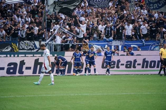 03.08.2024, xhfmx, Fussball 2.Bundesliga, Karlsruher SC - 1.FC Nürnberg emspor, Budu Zivzivadze (Karlsruher SC) bejubelt das 3:2. (DFL DFB REGULATIONS PROHIBIT ANY USE OF PHOTOGRAPHS as IMAGE SEQUENCES and or QUASI-VIDEO) Karlsruhe