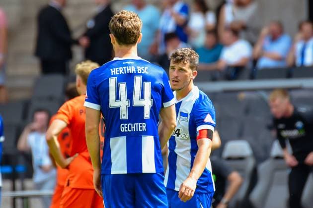 03.08.2024, xlakx, Fussball 2.Bundesliga, Hertha BSC Berlin - SC Paderborn emspor, v.l. Linus Gechter (Hertha BSC),Diego Demme (Hertha BSC), enttaeuscht, schaut enttaeuscht, niedergeschlagen, disappointed (DFL DFB REGULATIONS PROHIBIT ANY USE OF PHOTOGRAPHS as IMAGE SEQUENCES and or QUASI-VIDEO) Daniel Lakomski JAN Huebner Berlin