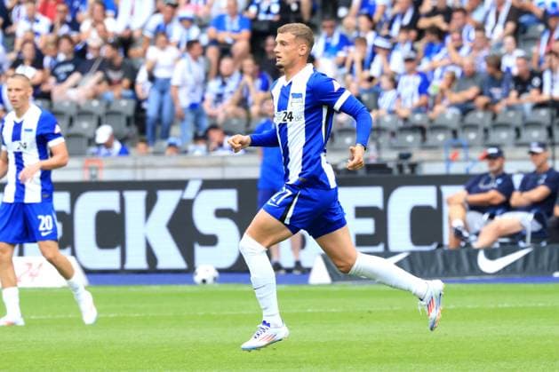DEU, DFL, 2. FBL, Hertha BSC vs. SC Paderborn 07, 03.08.2024, Berliner Olympiastadion, Berlin, DEU, DFL, 2. FBL, Hertha BSC vs. SC Paderborn 07, im Bild Michael Cuisance (Hertha BSC Berlin 27) DFL - regulations prohibit any use of Photographs as image sequences and or quasi-video Foto: Juergen Engler nordphoto GmbH