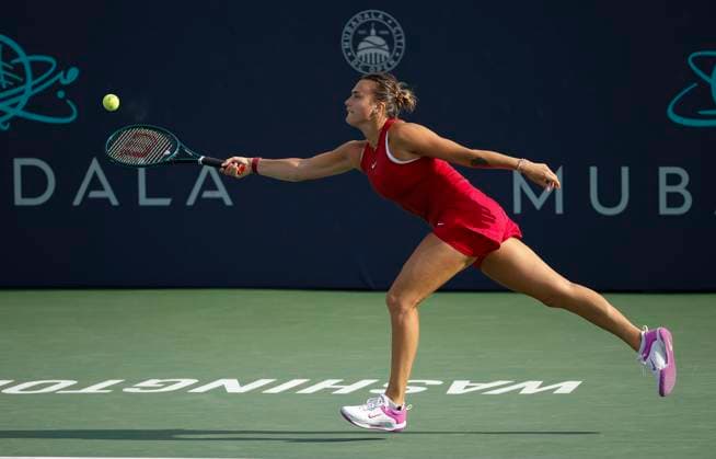 August 3, 2024: Aryna Sabalenka plays a shot during the 2024 Mubadala Citi DC Open tennis tournament being played at Rock Creek Park Tennis Center in Washington, D.C. CSM District Of Columbia United States of America - ZUMAc04_ 20240803_zma_c04_138 Copyright: xJustinxCooperx