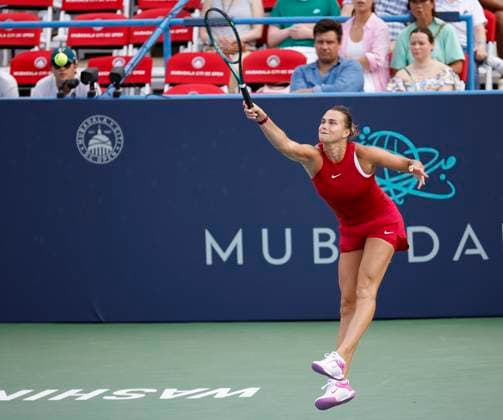 August 3, 2024: Aryna Sabalenka plays a shot during the 2024 Mubadala Citi DC Open tennis tournament being played at Rock Creek Park Tennis Center in Washington, D.C. CSM District Of Columbia United States of America - ZUMAc04_ 20240803_zma_c04_154 Copyright: xJustinxCooperx