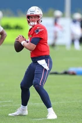 August 3, 2024; Foxborough, MA, USA; New England Patriots quarterback Bailey Zappe (4) participate in drills during Patriots training camp at Gillette Stadium. CSM Foxborough United States - ZUMAc04_ 20240803_zma_c04_225 Copyright: xAnthonyxNesmithx