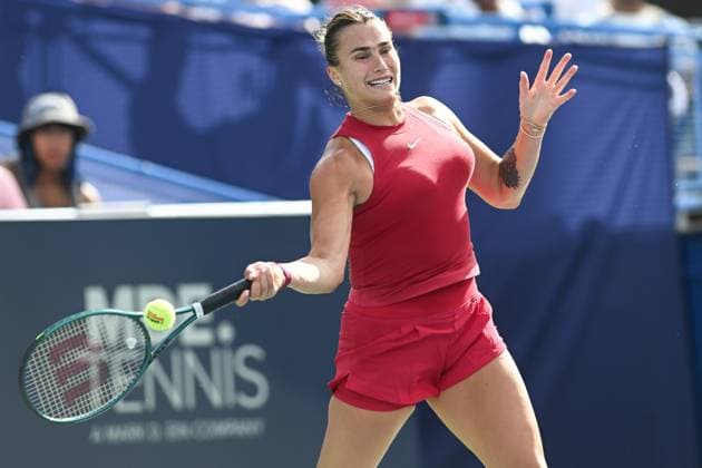 August 3, 2024, Washington, D.C, U.S: ARYNA SABALENKA hits a forehand during her semifinal match against Marie Bouzkova at the Rock Creek Tennis Center. Washington U.S - ZUMAg196 20240803_zap_g196_012 Copyright: xKylexGustafsonx