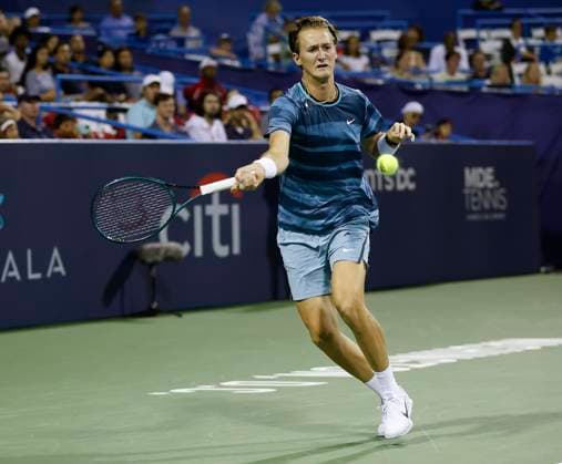 August 3, 2024: Sebastian Korda (USA) hits a shot during the 2024 Mubadala Citi DC Open tennis tournament being played at Rock Creek Park Tennis Center in Washington, D.C. CSM District Of Columbia United States of America - ZUMAc04_ 20240803_zma_c04_371 Copyright: xJustinxCooperx