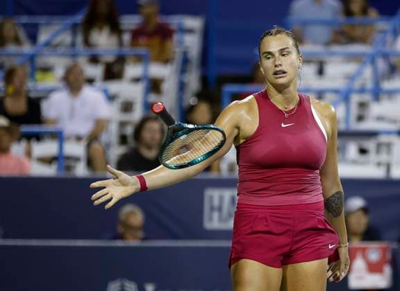 August 3, 2024: Aryna Sabalenka lets go of her racket during the 2024 Mubadala Citi DC Open tennis tournament being played at Rock Creek Park Tennis Center in Washington, D.C. CSM District Of Columbia United States of America - ZUMAc04_ 20240803_zma_c04_373 Copyright: xJustinxCooperx