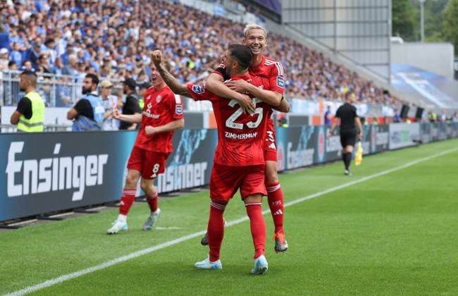 04.08.2024, xdcx, Fussball 2. Bundesliga, SV Darmstadt 98 - Fortuna Düsseldorf, emonline, emspor, despor, v.l., Torjubel zum 0:1 durch Shinta Appelkamp (Fortuna Düsseldorf), Goal celebration, celebrate the goal, Matthias Zimmermann (Fortuna Düsseldorf) DFL DFB REGULATIONS PROHIBIT ANY USE OF PHOTOGRAPHS AS IMAGE SEQUENCES AND OR QUASI-VIDEO.