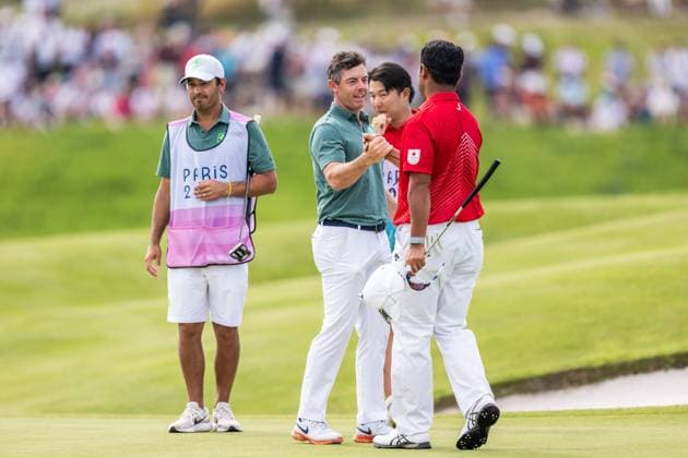240804 Rory McIlroy of Ireland and Hideki Matsuyama of Japan during the final round of the men s individual stroke play golf during day 9 of the Paris 2024 Olympic Games, Olympische Spiele, Olympia, OS on August 4, 2024 in Paris. Photo: Petter Arvidson BILDBYRAN kod PA PA0861 golf olympic games olympics os ol olympiska spel olympiske leker paris 2024 paris-os paris-ol bbeng irland ireland japan Copyright: PETTERxARVIDSON BB240804PA177