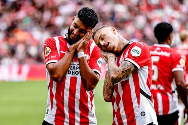 Sport Themen der Woche KW31 Sport Bilder des Tages EINDHOVEN, 04-08-2024 , Phillips Stadium, football, Dutch JohanCruijff Schaal, season 2024 2025, during the match PSV - Feyenoord, PSV player Ismail Saibari and PSV player Noa Lang celebrating the 1-0 PSV - Feyenoord  x25938982x Copyright: