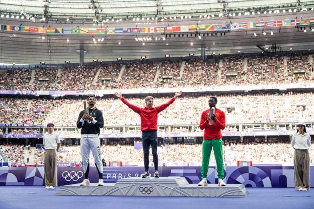 240804 Leo Neugebauer of Germany (silver), Markus Rooth of Norway (gold) and Lindon Victor of Grenada celebrate on the pocium at the medal ceremony for men™s athletics decathlon during day 9 of the Paris 2024 Olympic Games, Olympische Spiele, Olympia, OS on August 4, 2024 in Paris. Photo: Vegard Grott BILDBYRAN kod VG JM0594 bbeng friidrott athletics friidrett olympic games olympics os ol olympiska spel olympiske leker paris 2024 paris-os paris-ol os-guld guld jubel os-guld 2404 norge norway Copyright: VEGARDxGRoTT BB240804VG073