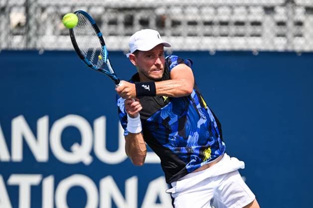 MONTREAL, QC - AUGUST 04: James Duckworth (AUS) returns the ball during a qualifying round match at ATP, Tennis Herren National Bank Open on August 04, 2024 at IGA Stadium in Montreal, QC (Photo by David Kirouac Icon Sportswire) TENNIS: AUG 04 National Bank Open EDITORIAL USE ONLY Icon240804011