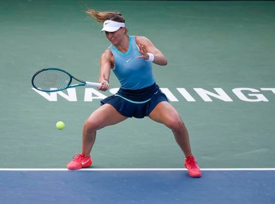 August 4, 2024: Paula Badosa (ESP) hits a shot during the final of the 2024 Mubadala Citi DC Open tennis tournament being played at Rock Creek Park Tennis Center in Washington, D.C. CSM District Of Columbia United States of America - ZUMAc04_ 20240804_zma_c04_191 Copyright: xJustinxCooperx