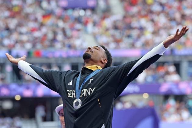 Siegerehrung, Silber für Leo Neugebauer (GER ) Zehnkampf, Athletics, Paris 2024, Olympic Games, Olympische Spiele, Olympia, OS Paris 2024, Olympic Games 2024, 04.08.2024, -