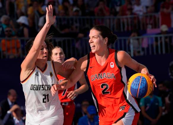 August 5, 2024, Paris, France: Canada s Katherine Plouffe (2) drives on Germany s Svenja Brunckhorst (21) during a women s 3 X 3 basketball semifinal at the Summer Olympics in Paris on Monday, Aug.5, 2024. Canada News - August 5, 2024  - ZUMAc35_ 20240805_zaf_c35_025 Copyright: xAdrianxWyldx