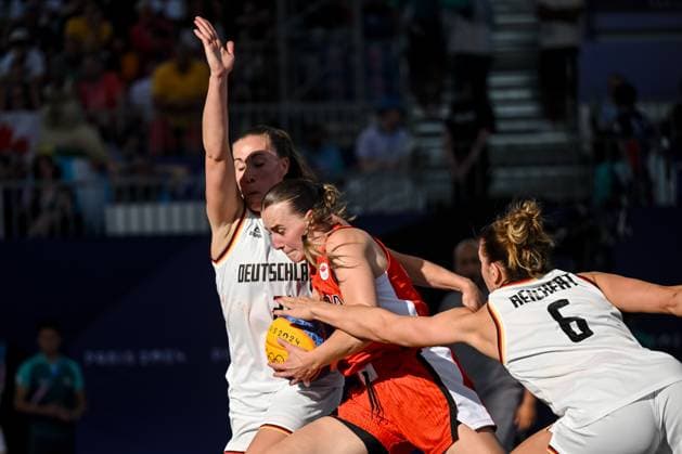 Svenja Brunckhorst (Germany), Paige Crozon (Canada) und Marie Reichert (Germany) battle for the ball during the Women s 3x3 Basketball semi-final match between Germany and Canada on Day 10 of the Olympic Games, Olympische Spiele, Olympia, OS Paris 2024 at La Concorde on August 5, 2024 in Paris, France.