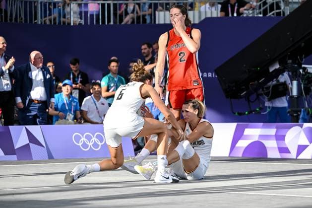 Marie Reichert (Germany) und Sonja Greinacher (Germany) gestures during the Women s 3x3 Basketball semi-final match between Germany and Canada on Day 10 of the Olympic Games, Olympische Spiele, Olympia, OS Paris 2024 at La Concorde on August 5, 2024 in Paris, France.
