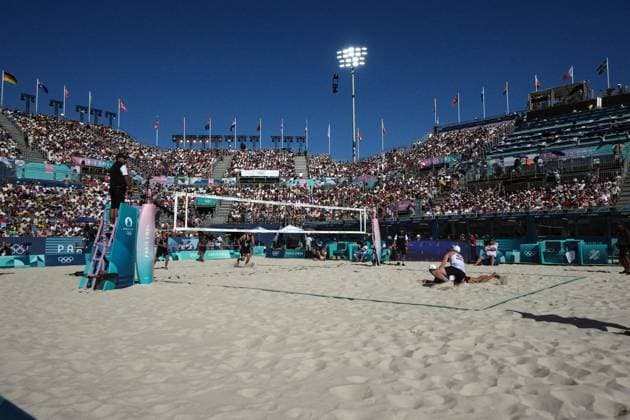 Samuele Cottafava and Paolo Nicolai during a men™s beach volley match between Italy and USA at 2024 Olympics, Monday, August 5, 2024, in Paris, France.  Copyright: xGianxMattiaxD Alberto LaPressex
