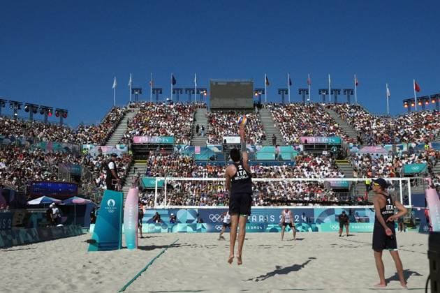 Samuele Cottafava and Paolo Nicolai during a men™s beach volley match between Italy and USA at 2024 Olympics, Monday, August 5, 2024, in Paris, France.  Copyright: xGianxMattiaxD Alberto LaPressex
