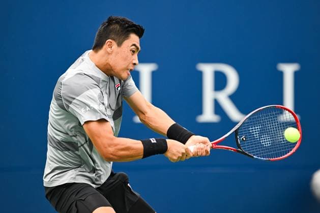 MONTREAL, QC - AUGUST 05: Brandon Nakashima (USA) serves the ball during a qualifying round match at ATP, Tennis Herren National Bank Open on August 05, 2024 at IGA Stadium in Montreal, QC (Photo by David Kirouac Icon Sportswire) TENNIS: AUG 05 National Bank Open EDITORIAL USE ONLY Icon240805028