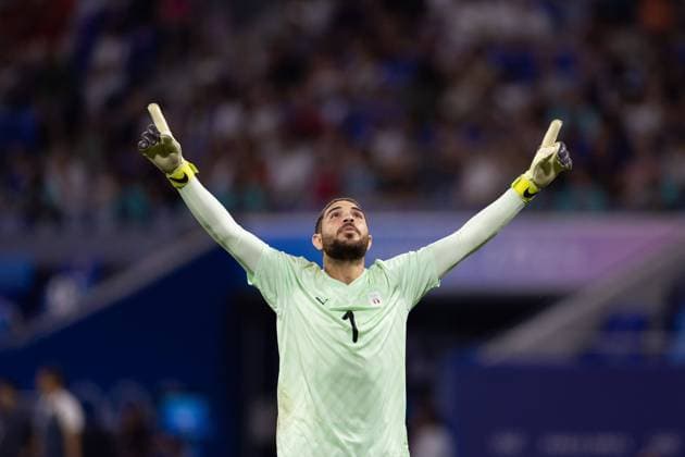 Lyon, France, August 5th 2024: Goalkeeper Hamza Alaa (1 Egypt) celebrates after his teammates scores during the Olympic Games, Olympische Spiele, Olympia, OS Paris 2024 Men semi-final football match between France and Egypt at Stade de Lyon in Lyon, France. (Ane Frosaker SPP) Copyright: xAnexFrosakerx xSPPx spp-en-AnFrSp-_F_25268