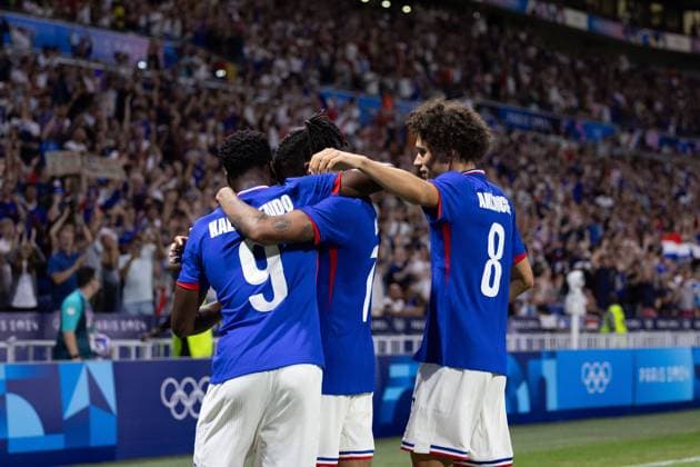 Lyon, France, August 5th 2024: Players of France celebrates after scoring during the Olympic Games, Olympische Spiele, Olympia, OS Paris 2024 Men semi-final football match between France and Egypt at Stade de Lyon in Lyon, France. (Ane Frosaker SPP) Copyright: xAnexFrosakerx xSPPx spp-en-AnFrSp-_F_16420